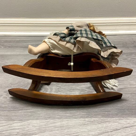 Vintage Porcelain Doll on A Wooden Horse Rocker - Picture 9 of 10